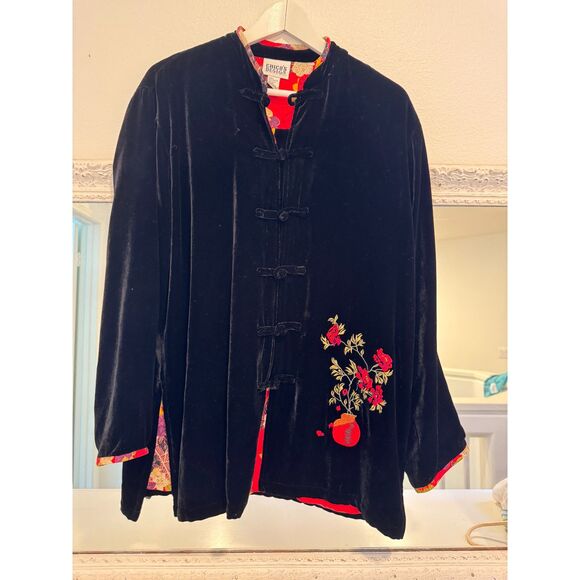 Chico’s Design Black Velvet Floral Embroidered Asian Inspired Tang Jacket Size 1 - Picture 1 of 9